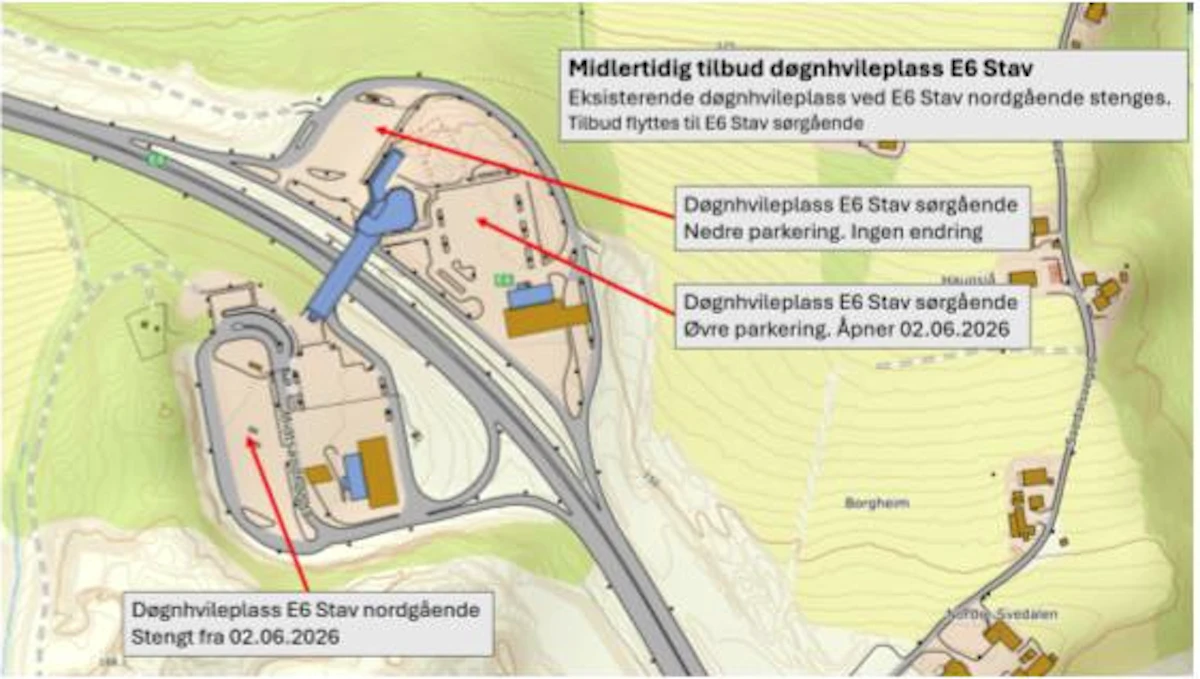 Døgnhvileplass E6 Stav nordgående stenges 02.06.2026